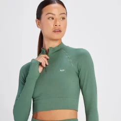 MP Tempo Croptop Van Ribstof Met Kwartrits Voor Dames - Dennegroen -Myprotein 14021509 1755068023347757